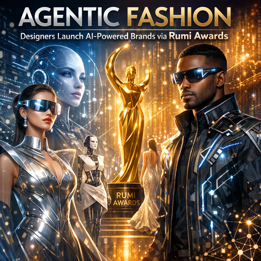 Futuristic fashion designers present AI-powered clothing collections at the Rumi Awards event showcasing agentic fashion.