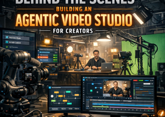Behind the scenes of constructing an agentic video studio with cameras, lighting, and crew setting up for creators.
