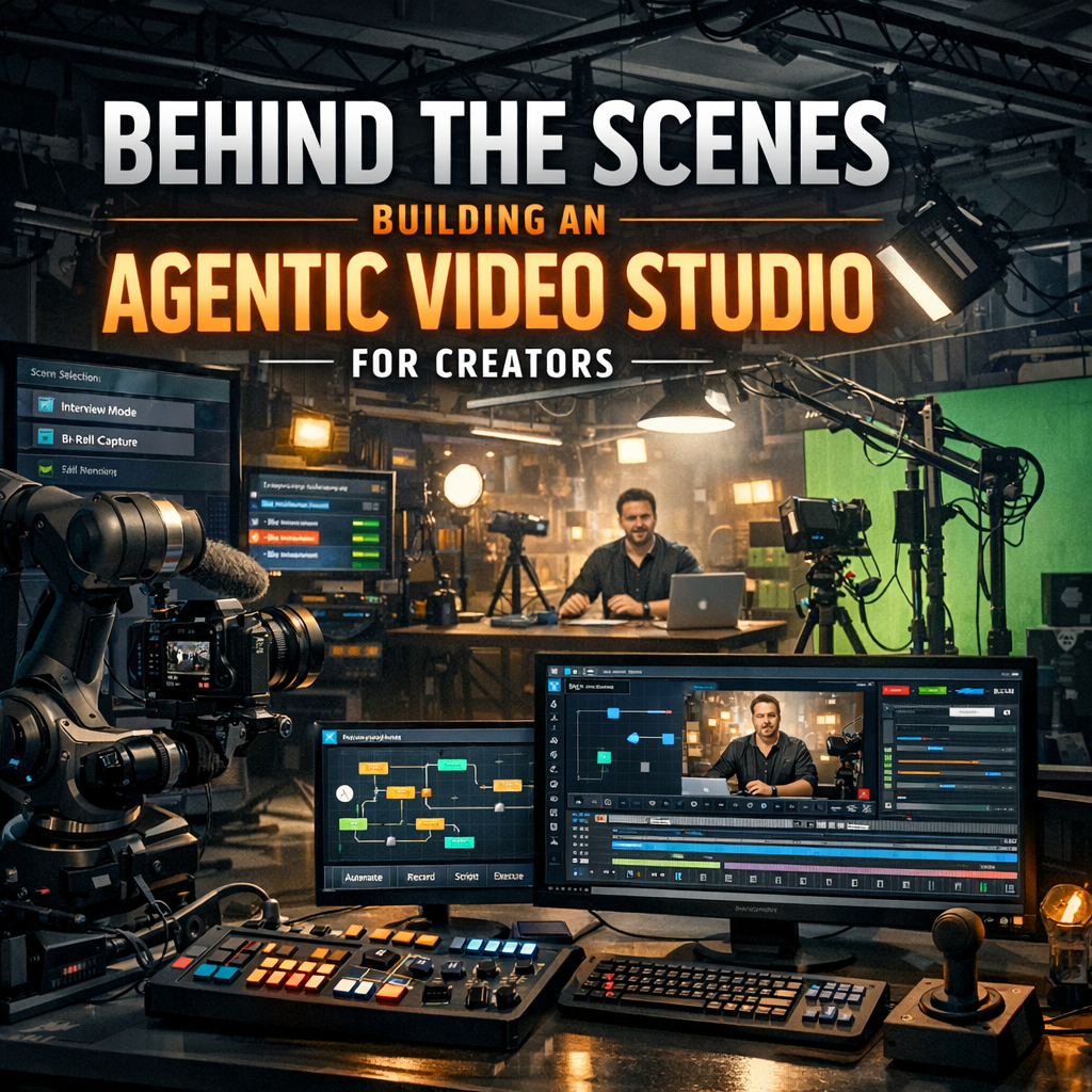 Behind the scenes of constructing an agentic video studio with cameras, lighting, and crew setting up for creators.