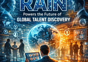 Digital globe surrounded by diverse profiles, symbolizing RAIN technology powering global talent discovery.