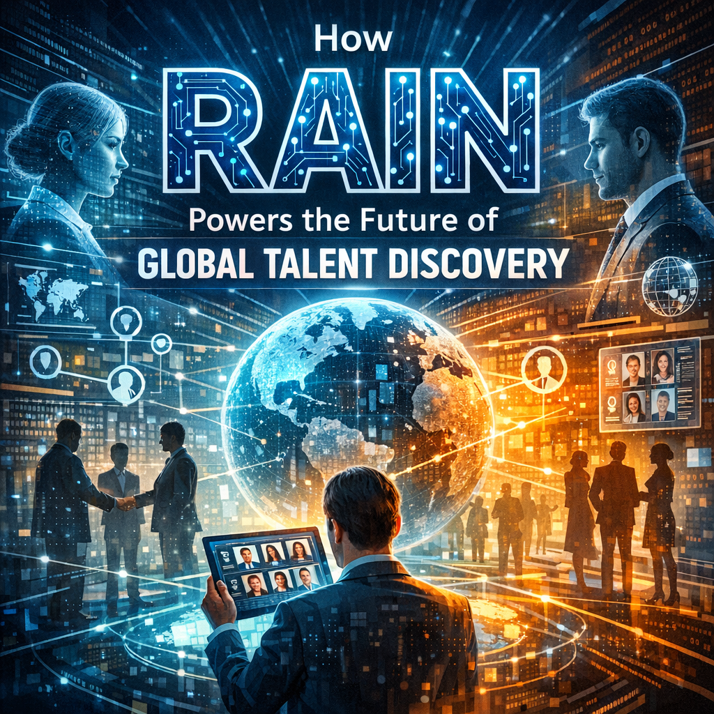 Digital globe surrounded by diverse profiles, symbolizing RAIN technology powering global talent discovery.