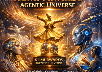 Futuristic artwork of the Rumi Awards Agentic Universe blending AI and diverse cultural symbols in a mystical setting.