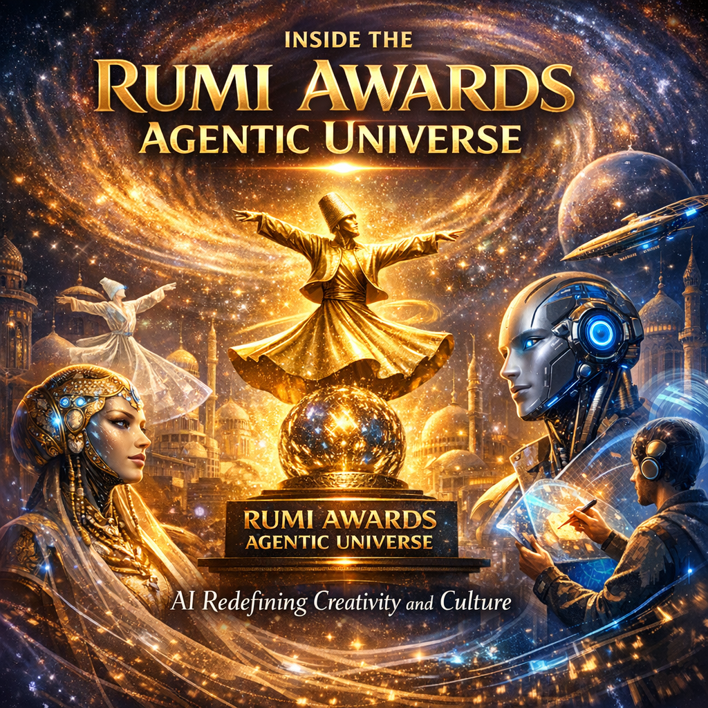 Futuristic artwork of the Rumi Awards Agentic Universe blending AI and diverse cultural symbols in a mystical setting.