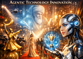 Futuristic red carpet event with Rumi Awards, advanced robotics, and interactive technology innovation.