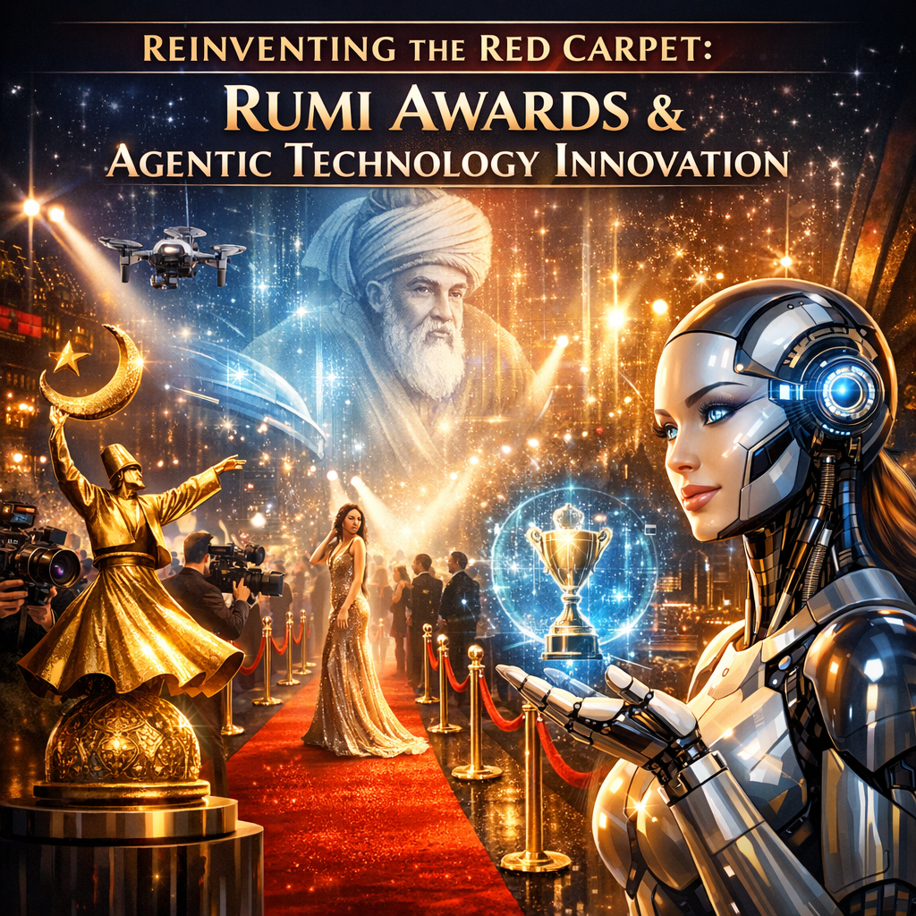 Futuristic red carpet event with Rumi Awards, advanced robotics, and interactive technology innovation.