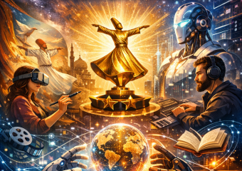 Futuristic Rumi Awards graphic blending art, storytelling, and technology through dynamic agentic platforms.