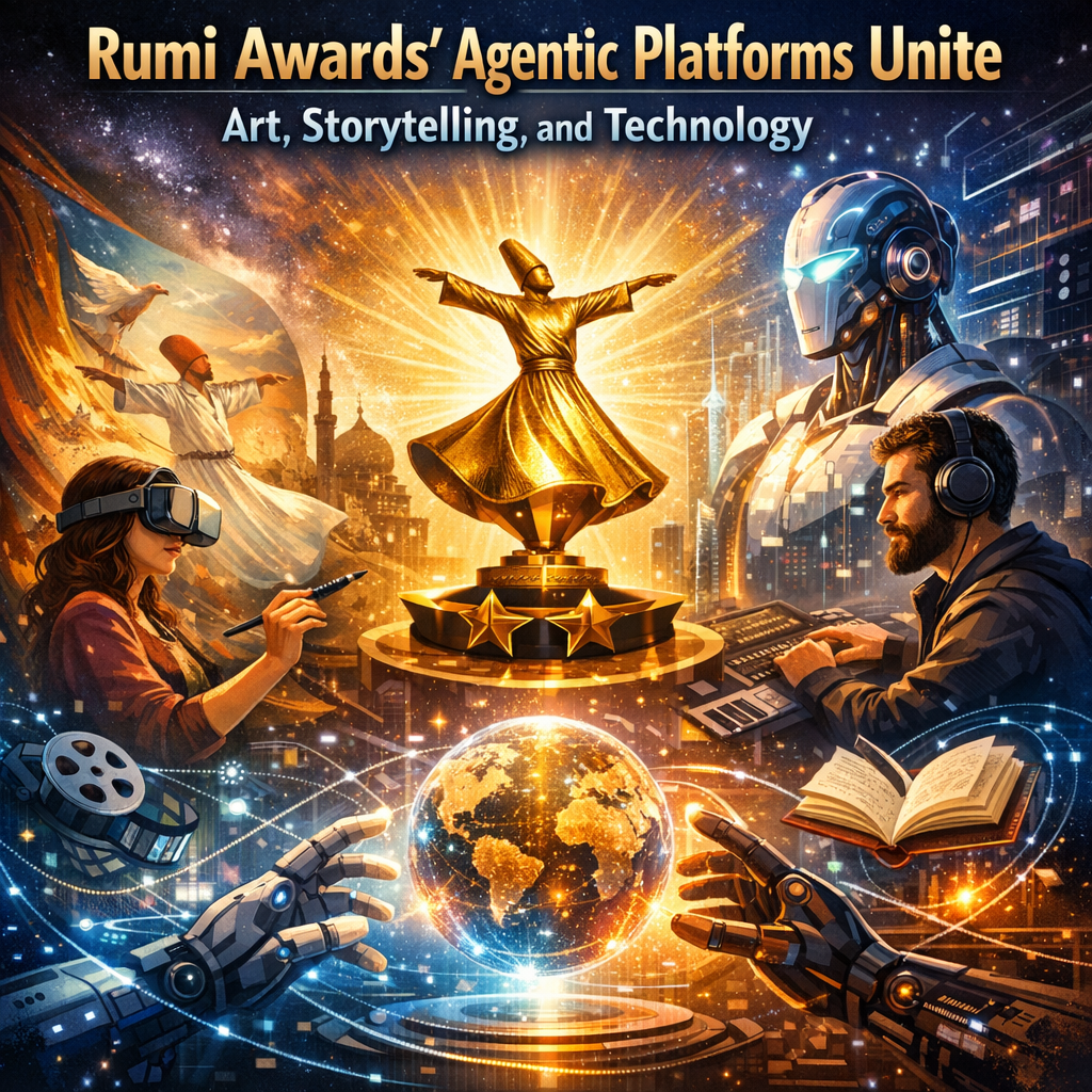 Futuristic Rumi Awards graphic blending art, storytelling, and technology through dynamic agentic platforms.
