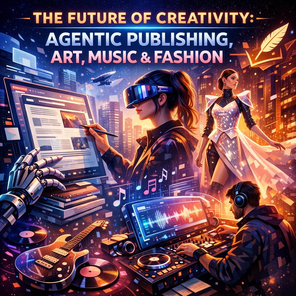 Futuristic digital art blending agentic publishing, music production, and fashion innovation, symbolizing creative empowermen