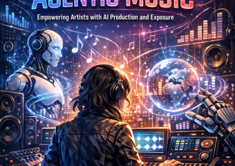 Futuristic digital artwork showing AI-powered music production empowering artists with creative control and global reach.