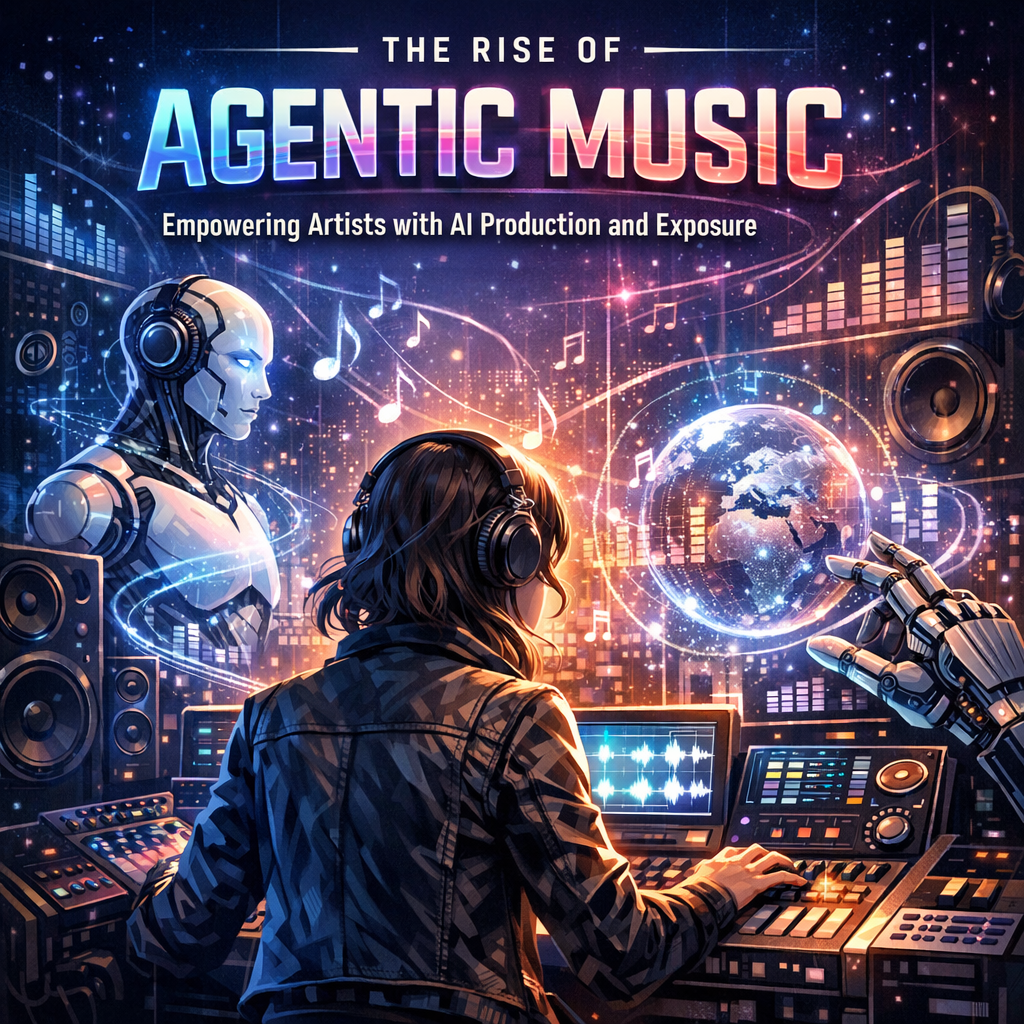 Futuristic digital artwork showing AI-powered music production empowering artists with creative control and global reach.
