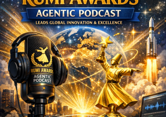 Promotional graphic for the Rumi Awards Podcast showcasing global innovation, human excellence, and inspiring stories of crea