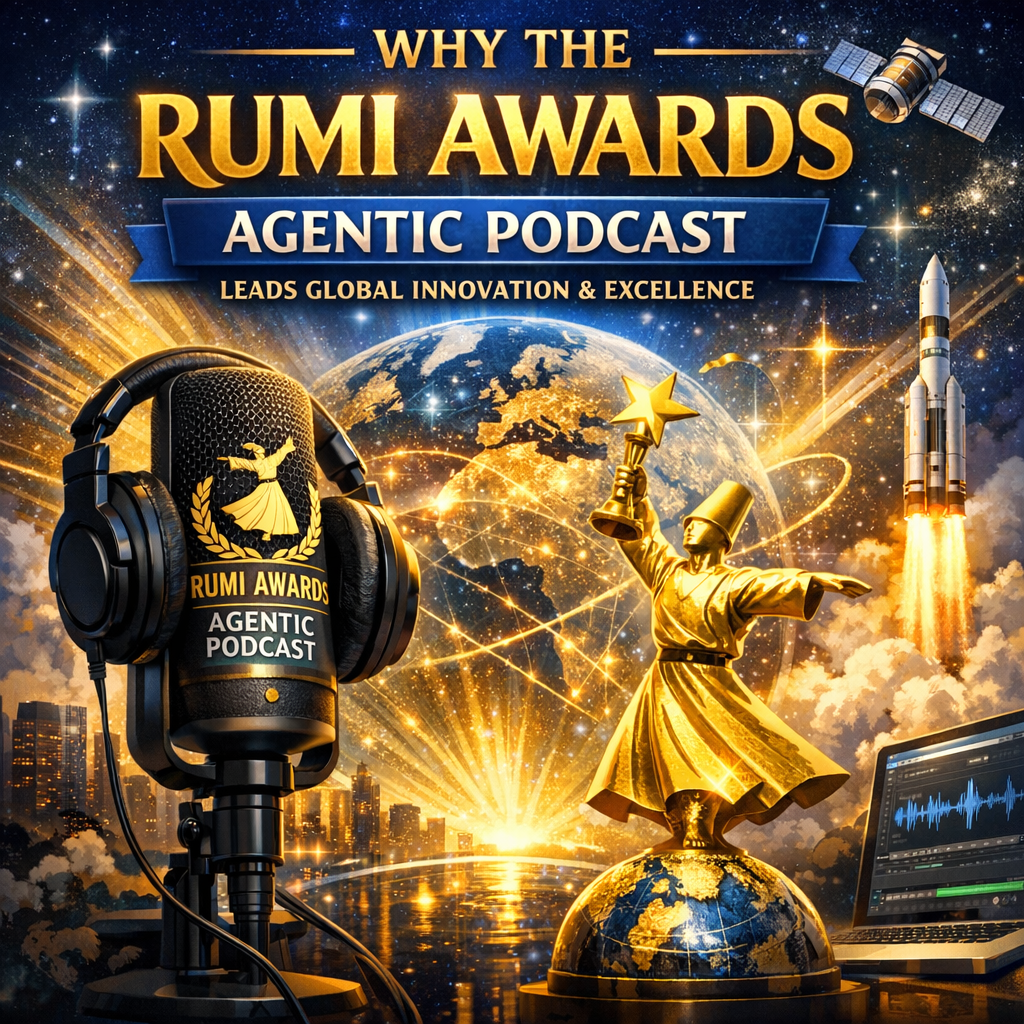 Promotional graphic for the Rumi Awards Podcast showcasing global innovation, human excellence, and inspiring stories of crea