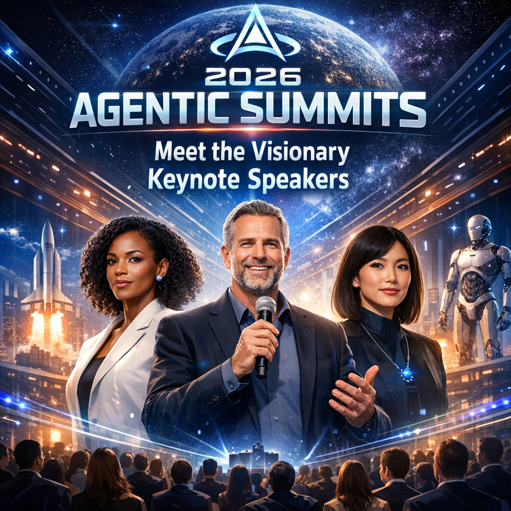 A diverse group of keynote speakers at the 2026 Agentic Summits, against a backdrop of futuristic technology.