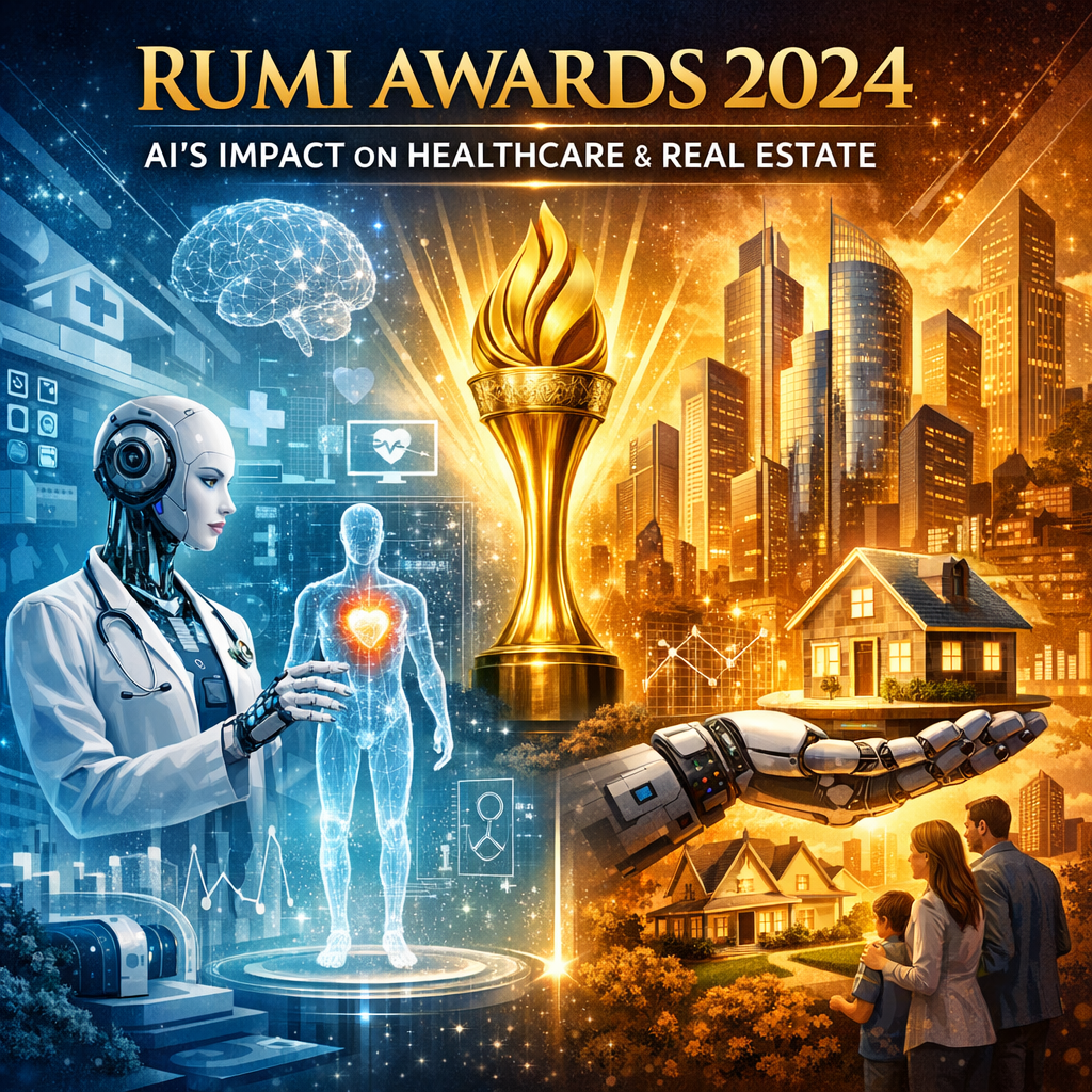 Graphic of Rumi Awards 2024 with icons representing AI in healthcare and real estate.