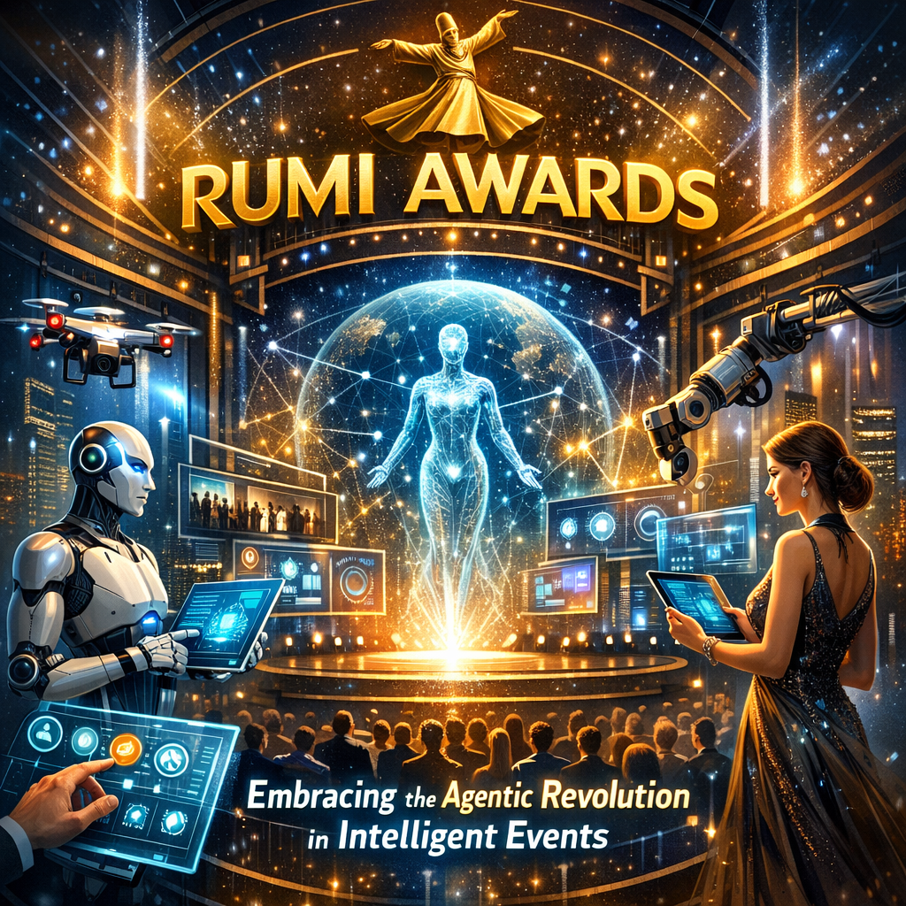 Futuristic Rumi Awards event with AI and robotics technology displays.