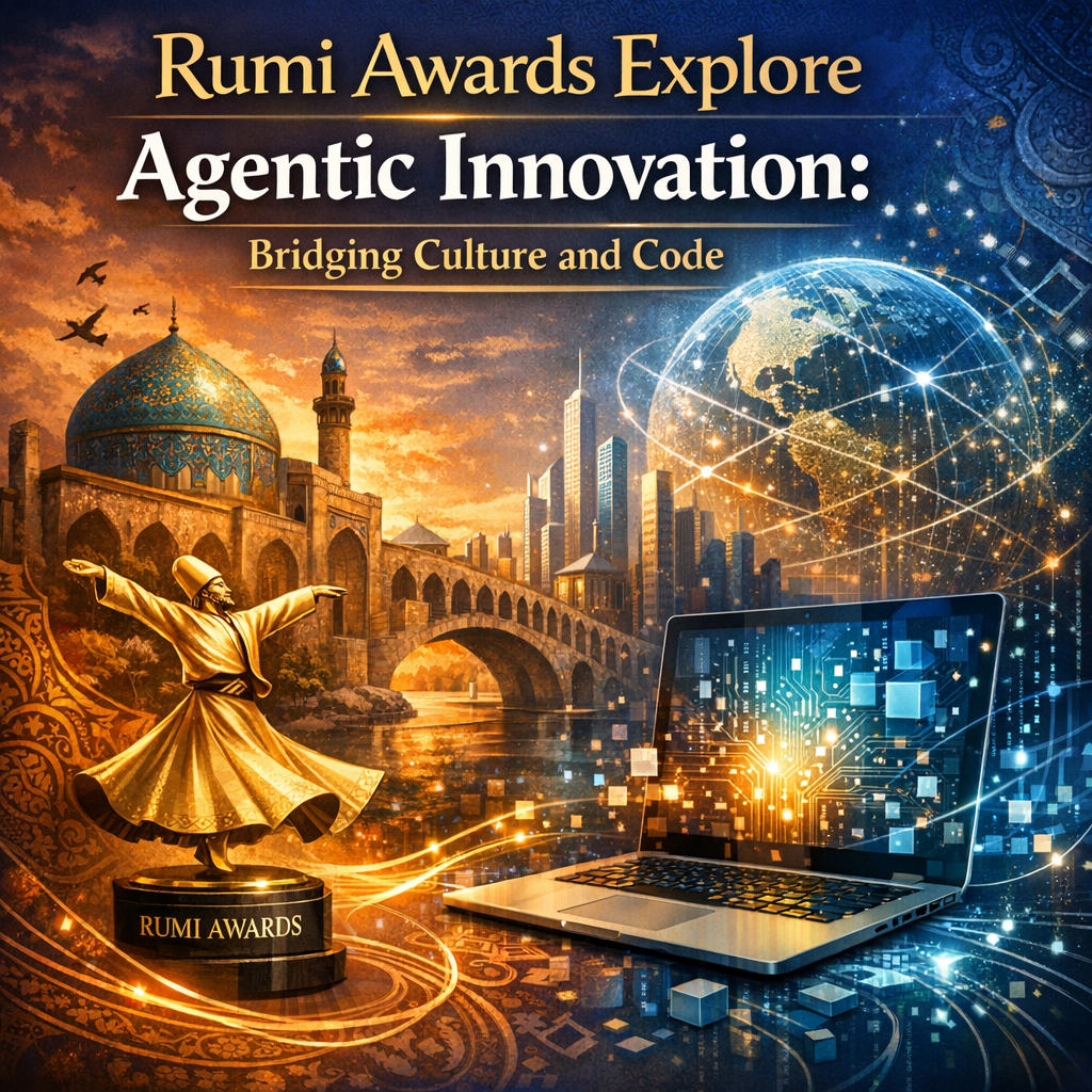 Graphic of Rumi Awards with symbols of culture and tech merging, like traditional musical instruments fused with digital elem