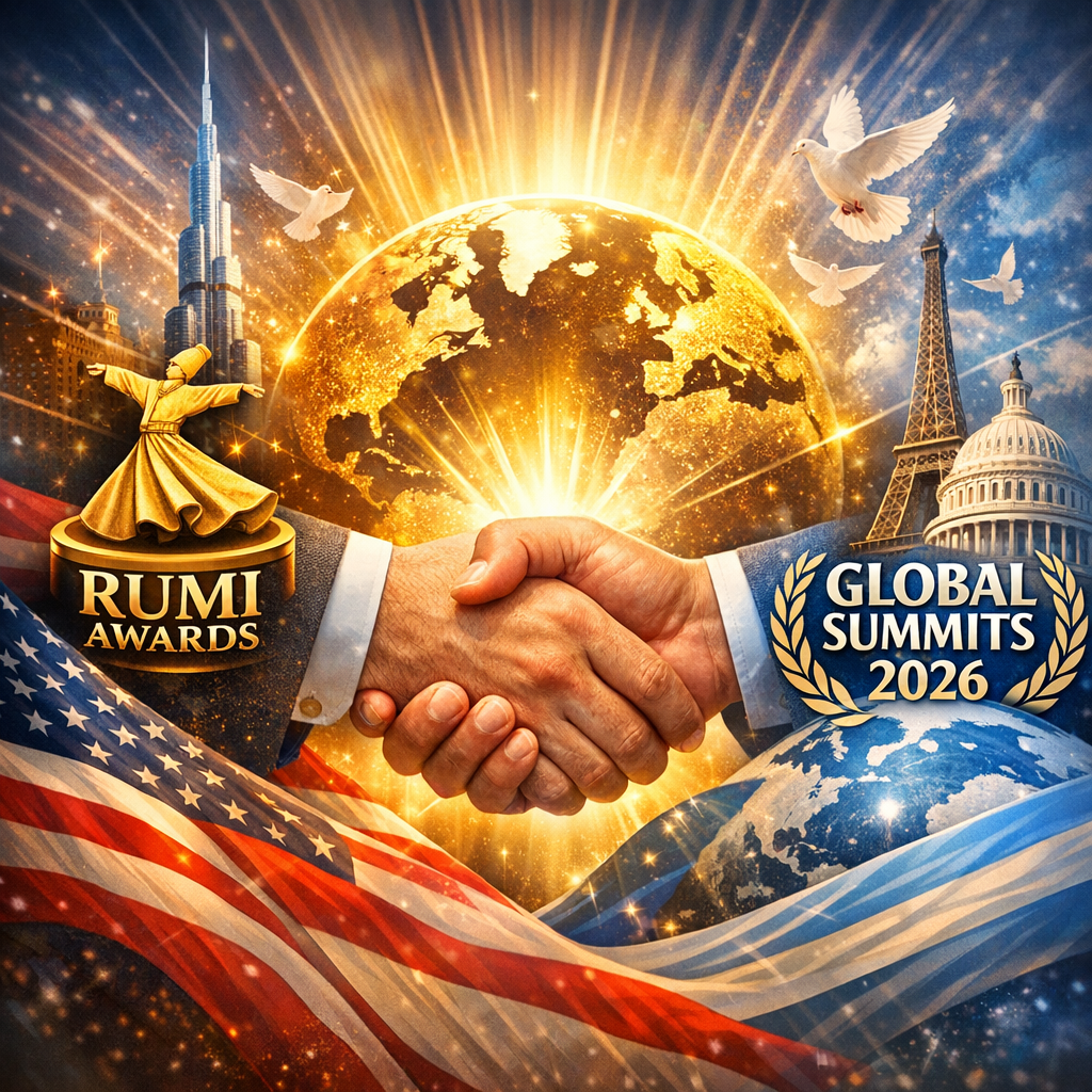Illustration of international landmarks with a handshake and flags symbolizing the Rumi Awards collaborations with Global Sum