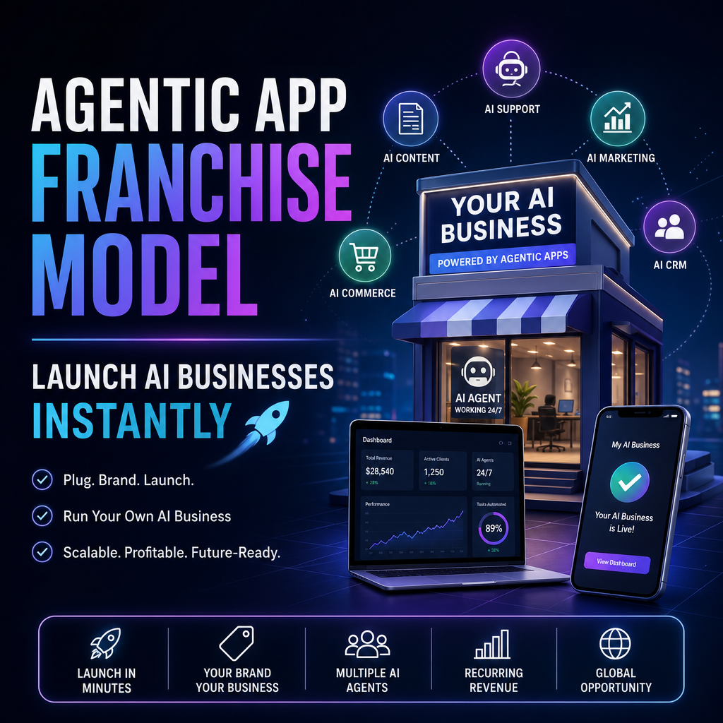 AI-powered franchise model showing a ready-to-launch business system for scalable AI apps