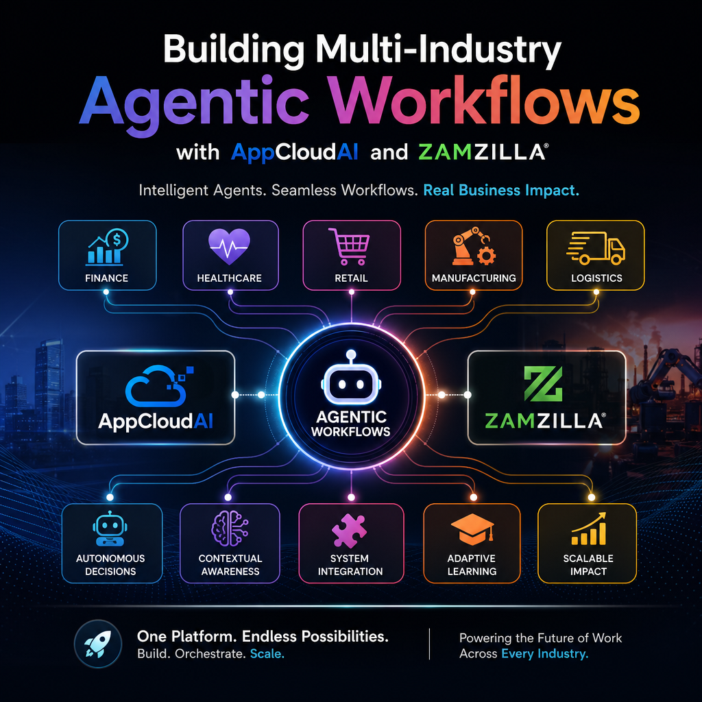 Multi-industry agentic workflow diagram for finance, healthcare, retail, manufacturing, and logistics with AppCloudAI and ZAM