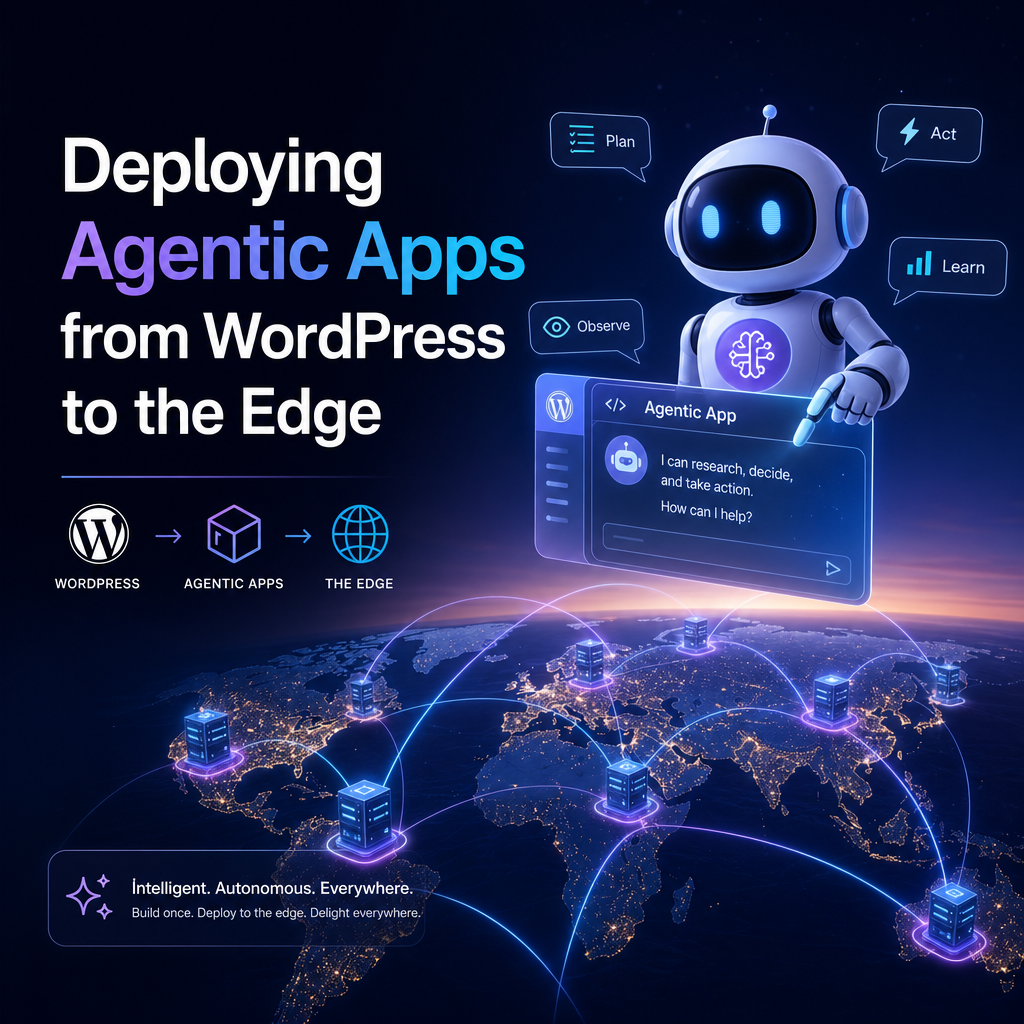 Illustration of agentic apps deploying from WordPress to the edge with cloud and data action icons