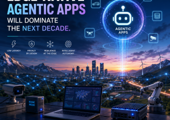 Futuristic cityscape visualizing edge-native agentic apps with AI, low-latency, autonomous decision-making
