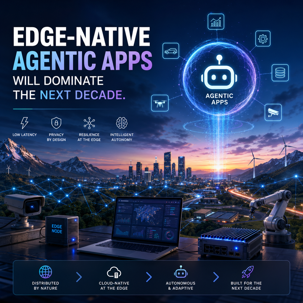 Futuristic cityscape visualizing edge-native agentic apps with AI, low-latency, autonomous decision-making