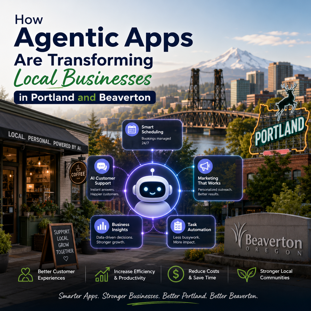 Illustration of agentic apps helping Portland and Beaverton businesses automate tasks and respond faster