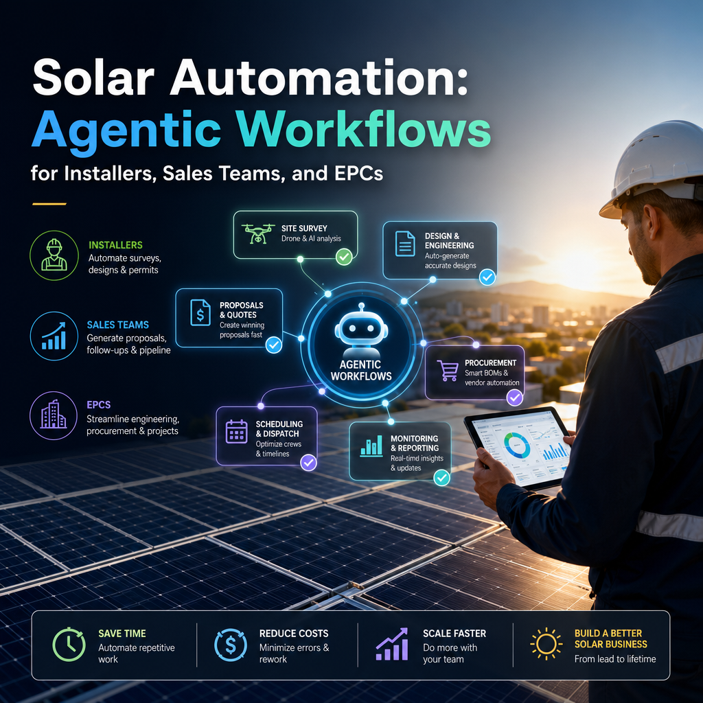 Illustration of solar automation workflows connecting installers, sales teams, and EPC project stages.