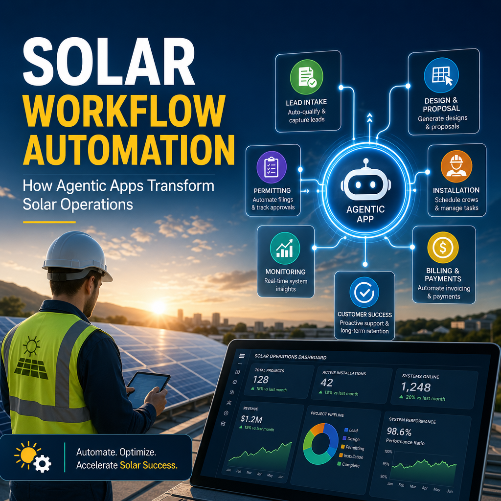 Infographic showing agentic apps automating solar workflow from data and design to billing and monitoring.