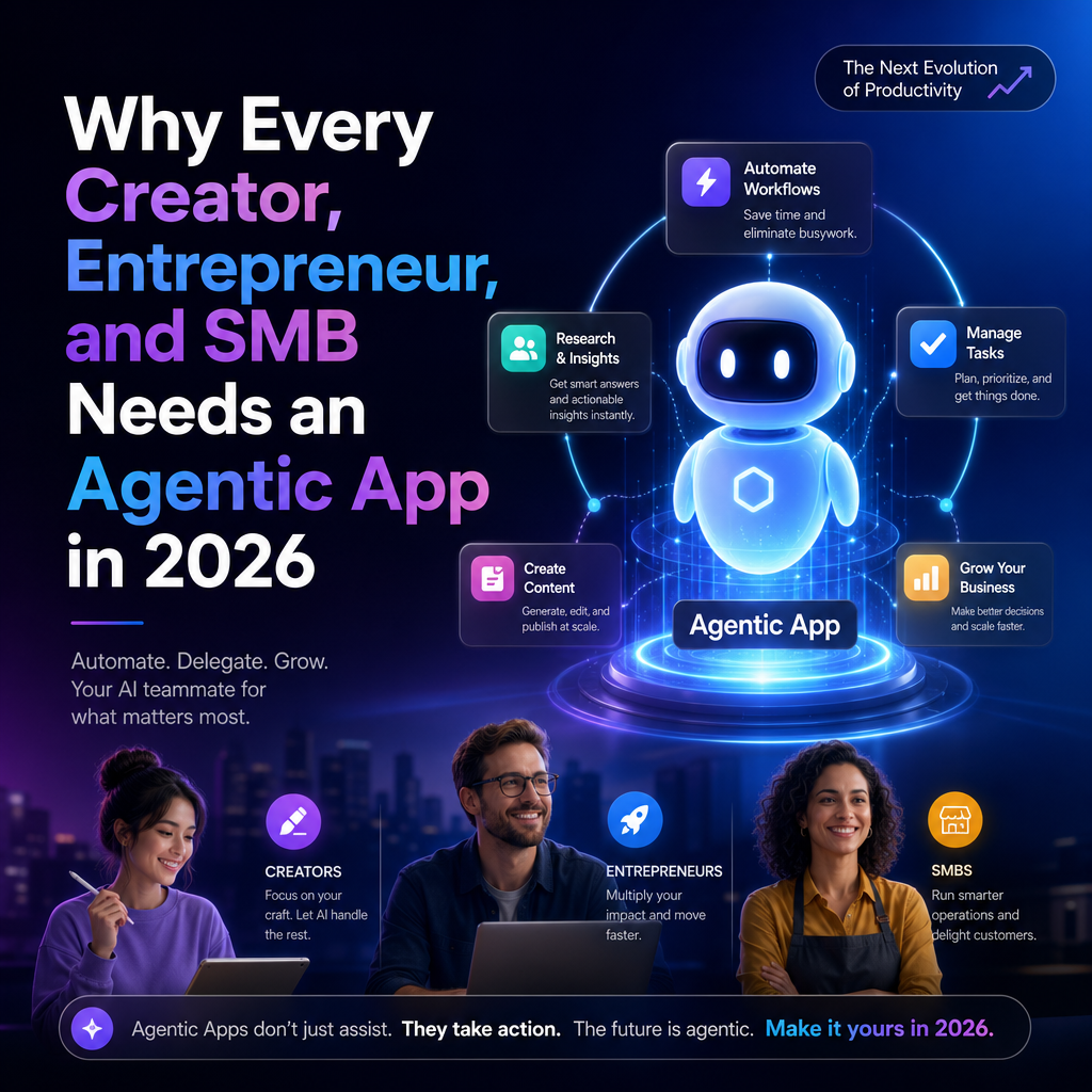 Promotional graphic about how an agentic app helps creators, entrepreneurs, and SMBs scale in 2026