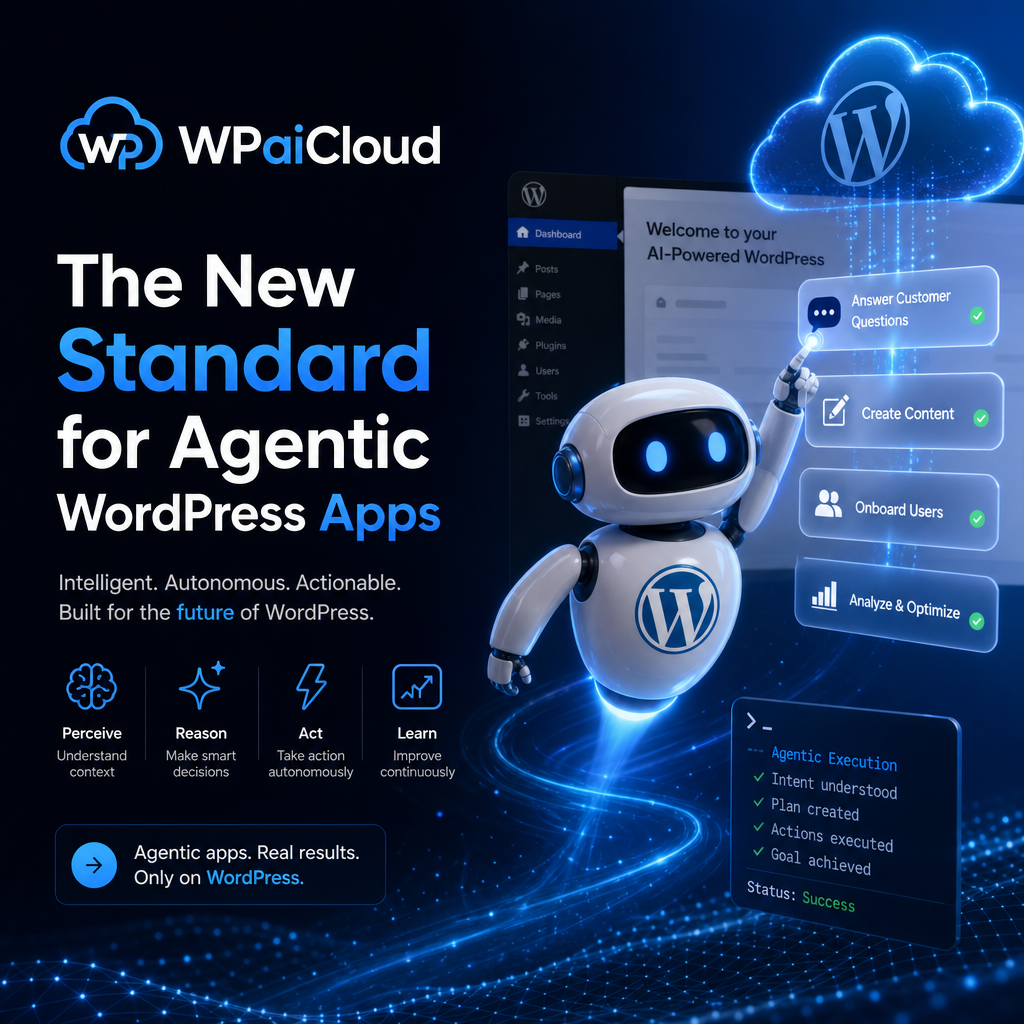 WPaiCloud dashboard showing AI-powered agentic apps for WordPress automation and site management