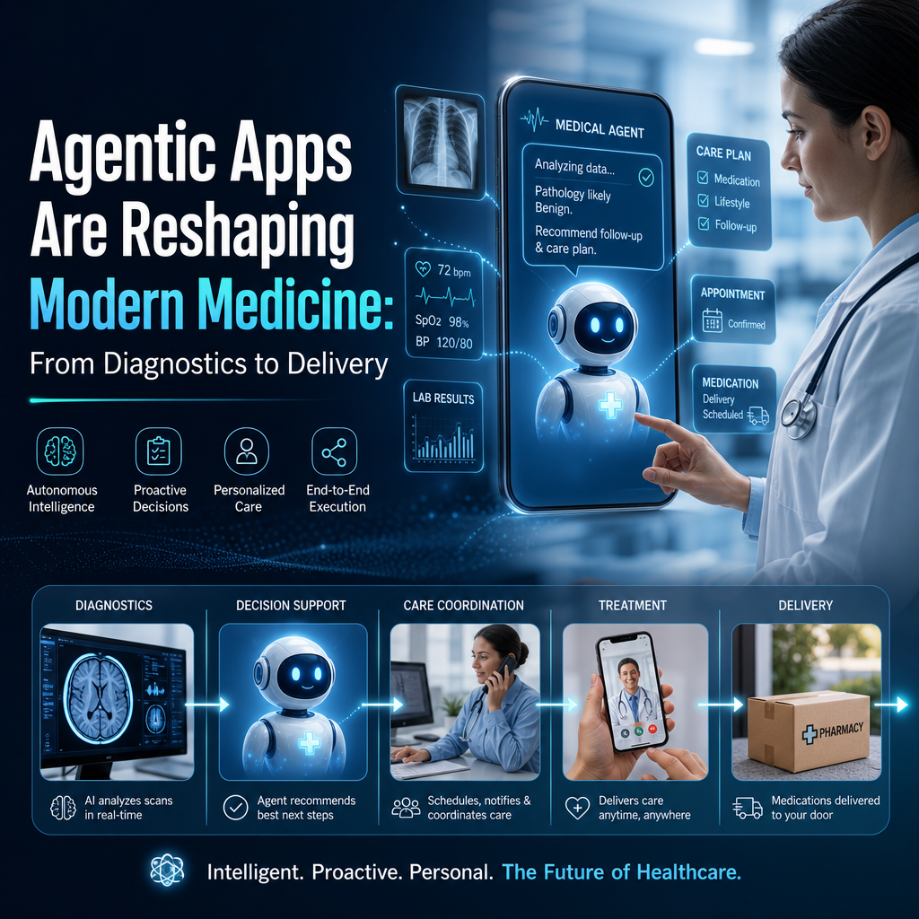 Healthcare AI dashboard coordinating diagnostics, personalized care, and treatment delivery for clinicians