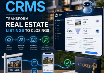 Agentic CRM dashboard guiding a real estate listing from inquiry to closing with automated follow-up tools