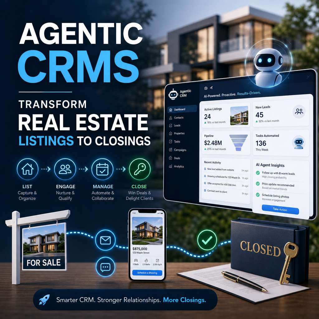 Agentic CRM dashboard guiding a real estate listing from inquiry to closing with automated follow-up tools