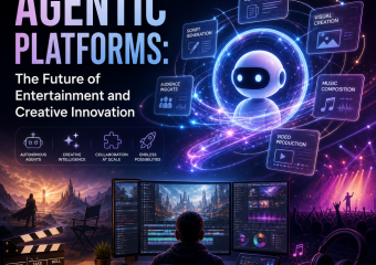 Futuristic digital workspace showing agentic platforms for entertainment and creative innovation