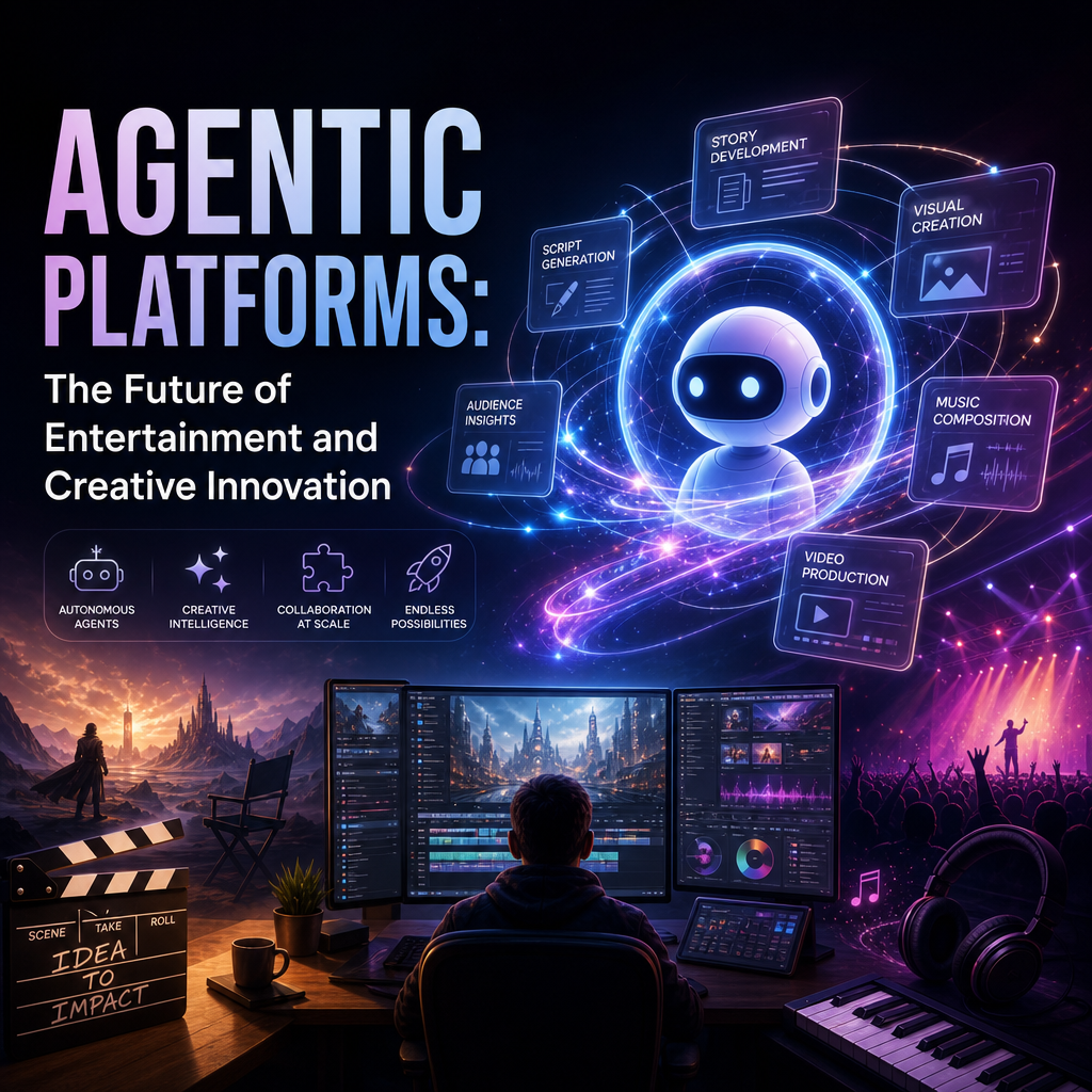 Futuristic digital workspace showing agentic platforms for entertainment and creative innovation