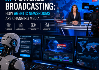 AI-powered broadcasting concept with newsroom screens, AI interfaces, and digital media data streams