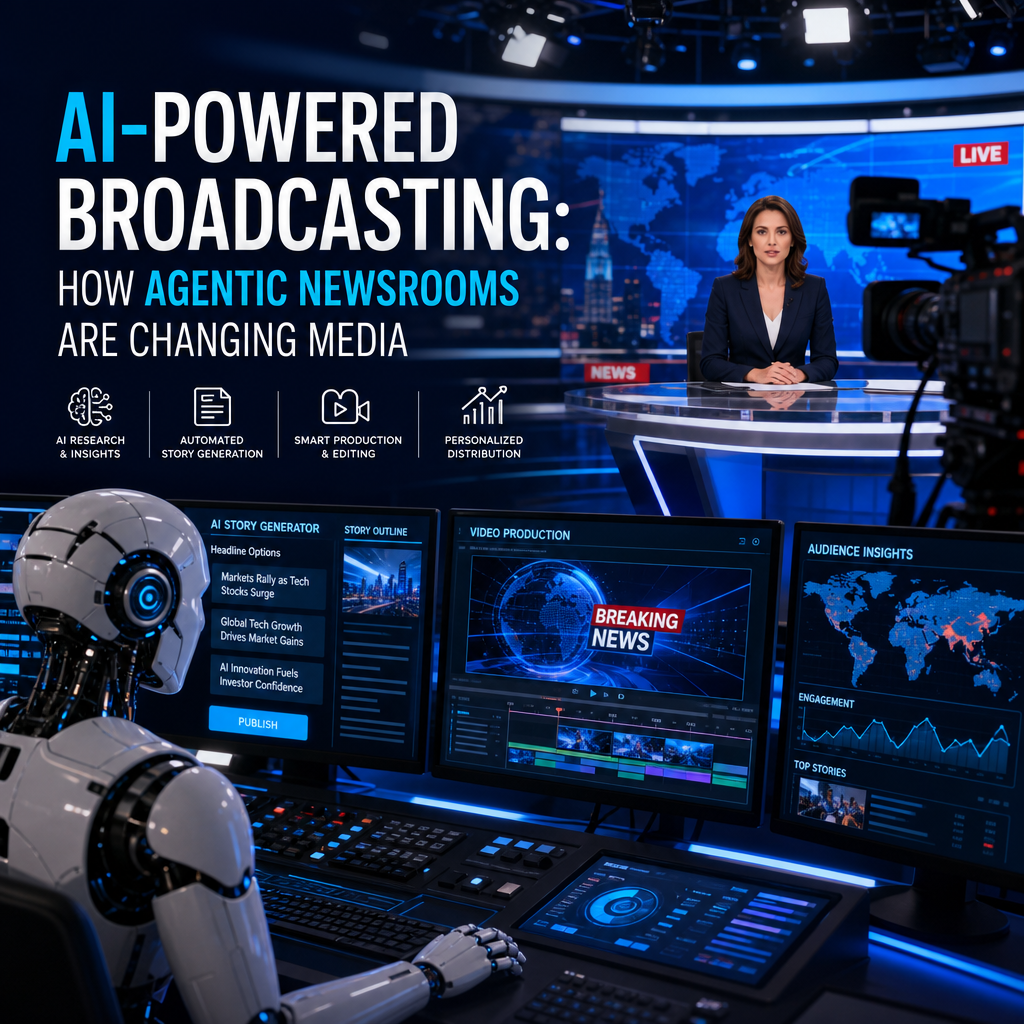 AI-powered broadcasting concept with newsroom screens, AI interfaces, and digital media data streams