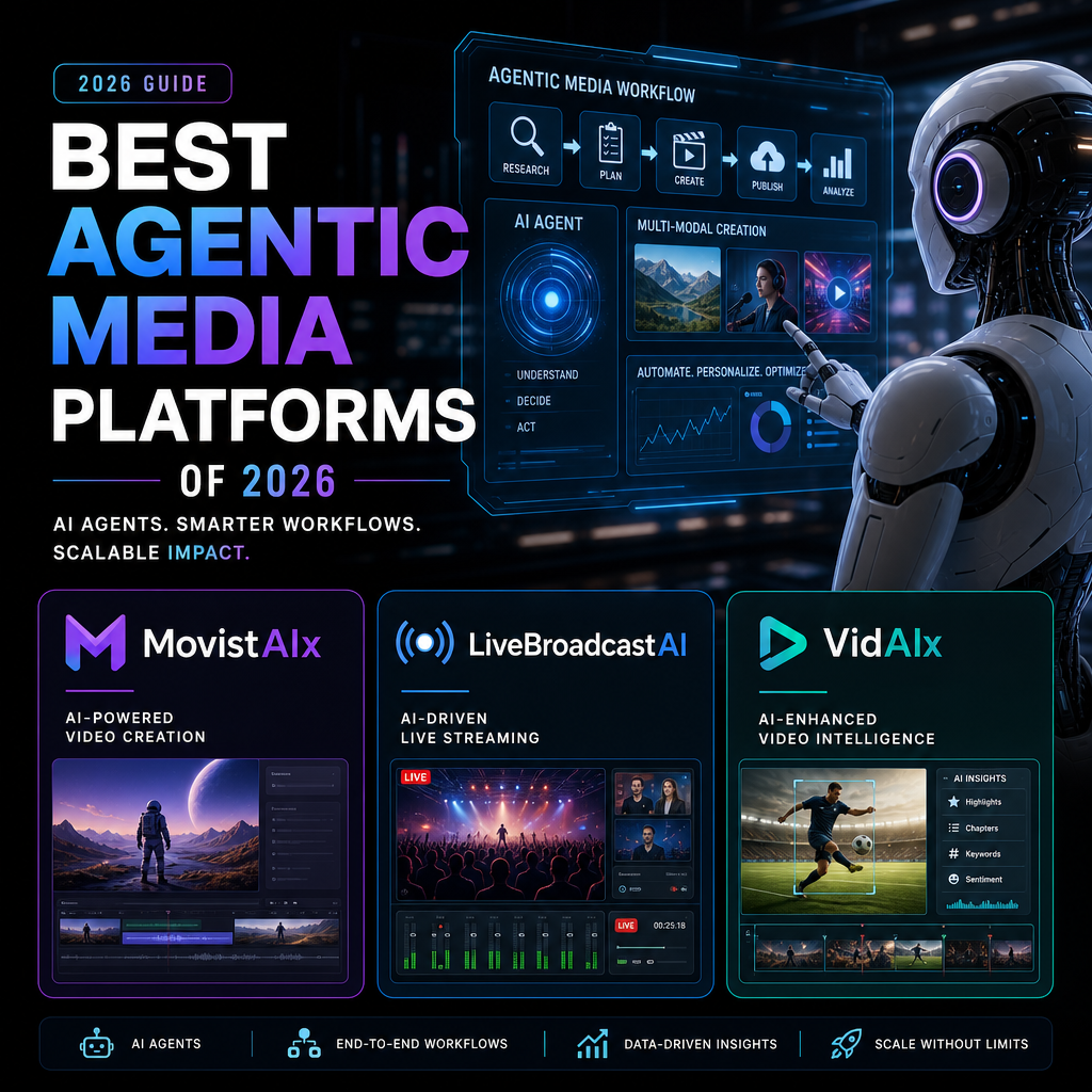 Illustration of Best Agentic Media Platforms of 2026: MovistAIx, LiveBroadcastAI, VidAIx