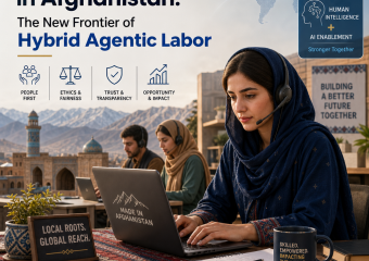 Illustration of ethical outsourcing in Afghanistan with human and AI collaboration, trust, and global digital work.
