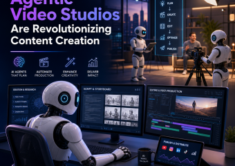 Futuristic AI robots in an agentic video studio automating video production and creative content creation