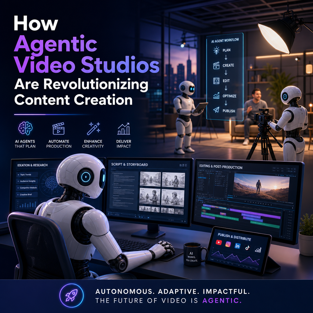 Futuristic AI robots in an agentic video studio automating video production and creative content creation