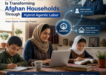 Afghan family using AI tools for digital work, showing hybrid agentic labor and new income opportunities