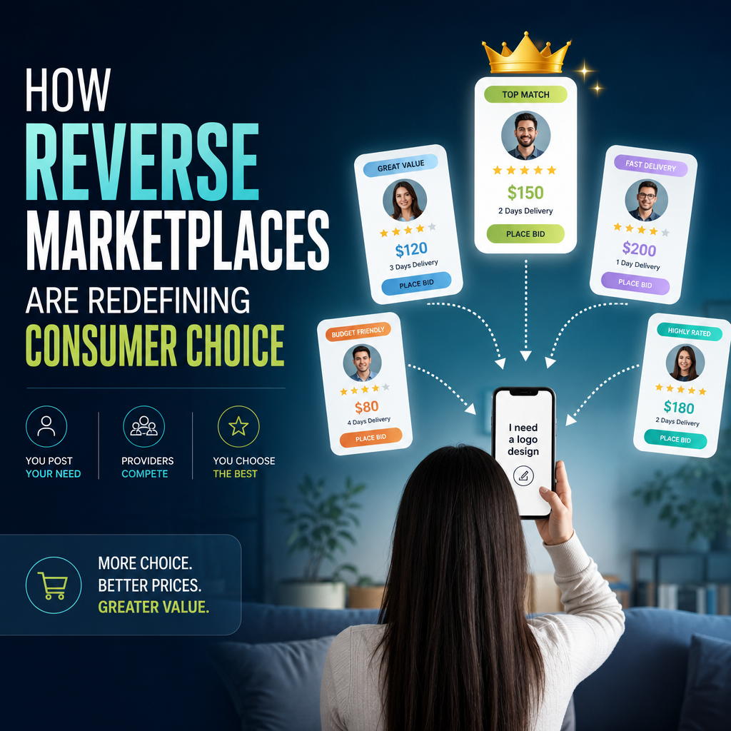 Consumers post needs and compare provider bids in a reverse marketplace to choose the best offer.