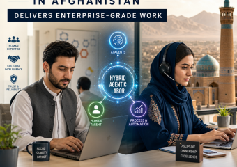 Afghan professional working with AI tools, showing hybrid agentic labor for enterprise-grade work