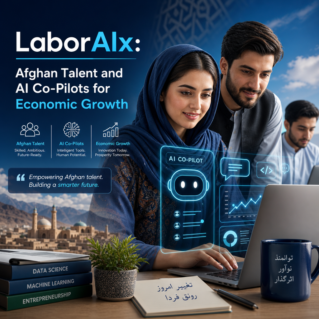 Afghan professionals collaborating with AI co-pilots to boost digital work and economic growth