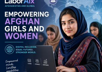 Afghan girls and women learning with laptops, representing digital inclusion and opportunity through LaborAIx