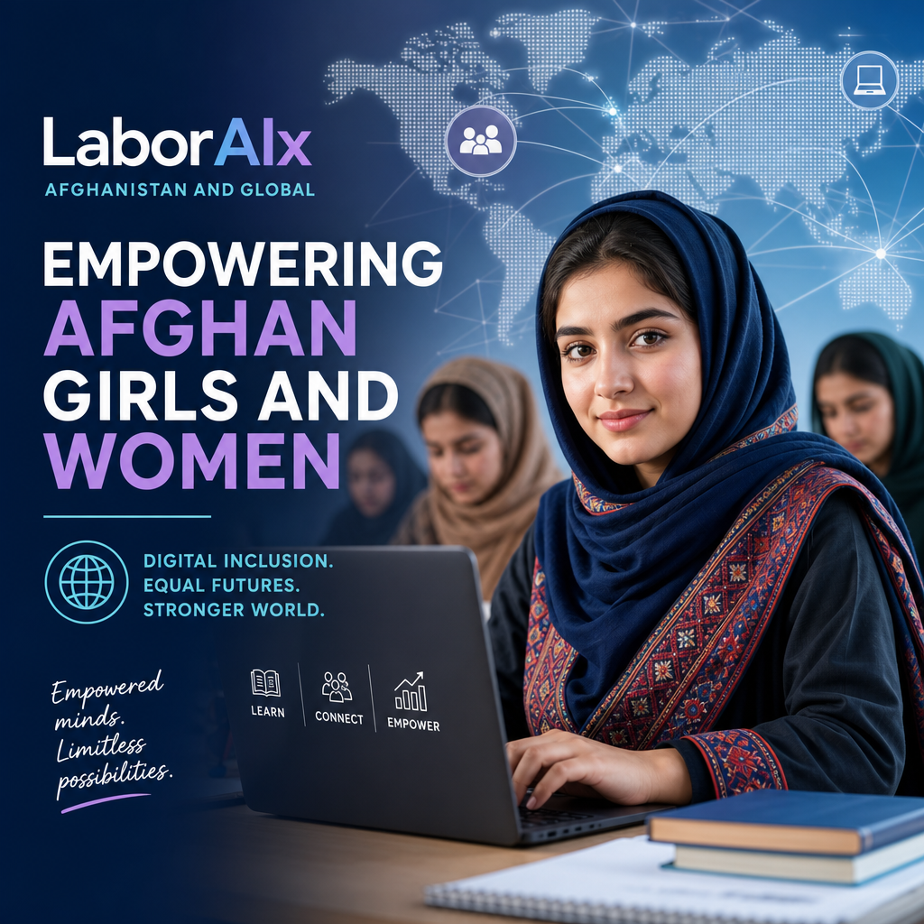 Afghan girls and women learning with laptops, representing digital inclusion and opportunity through LaborAIx
