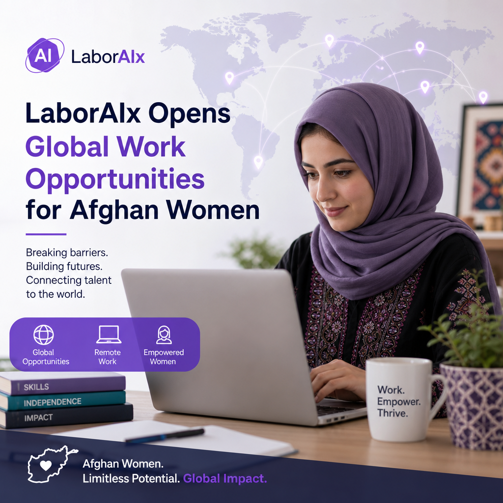Afghan woman working on a laptop, representing LaborAIx global remote work opportunities for women