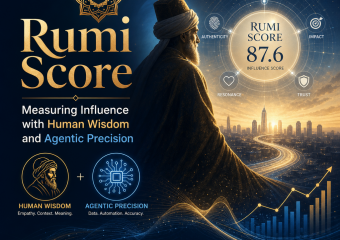 Rumi Score concept graphic showing influence measured with human wisdom and agentic precision